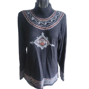 Lana Lee Black Wool Blend Sweater with Embroidered Design L